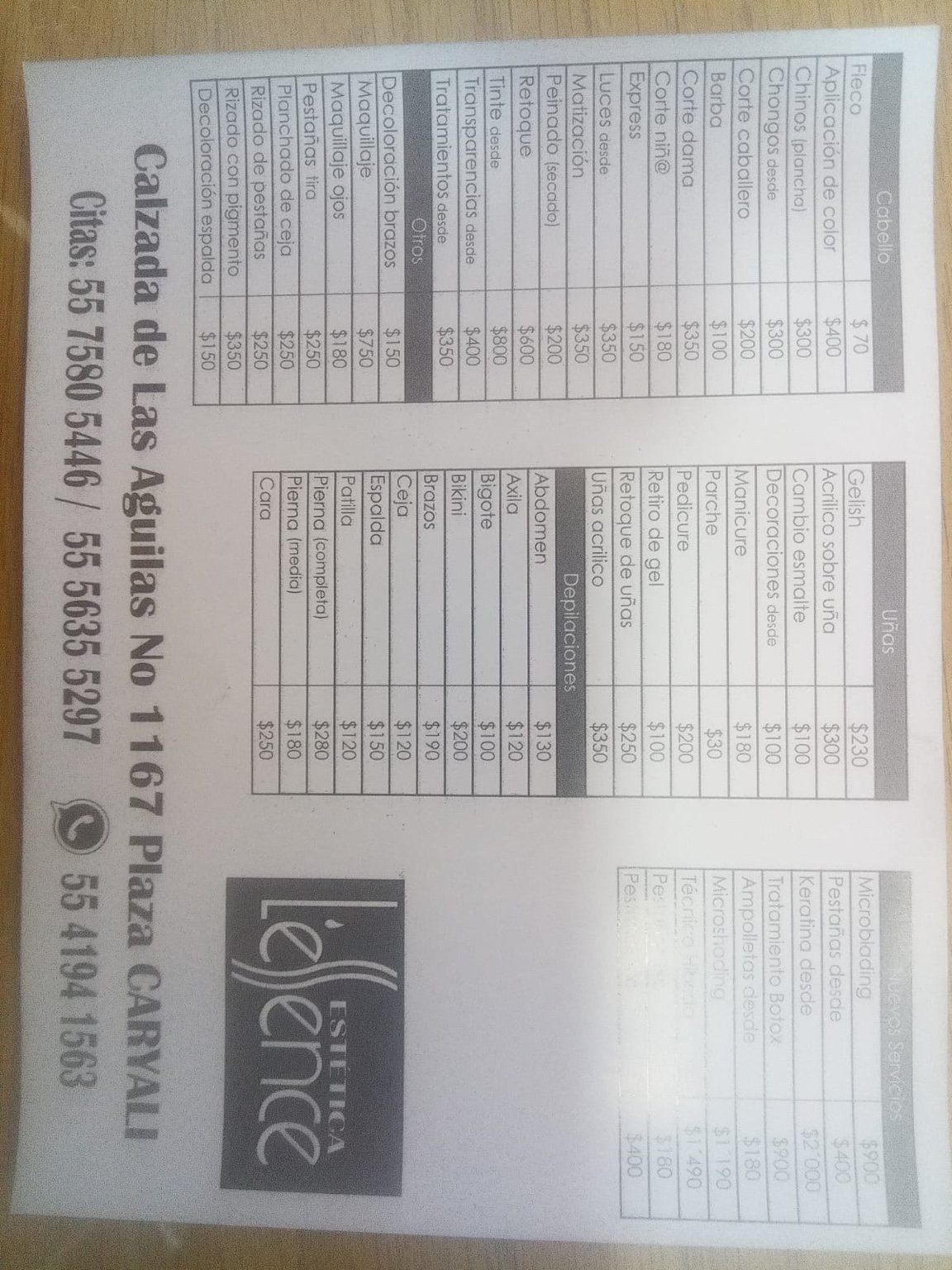 Lista de servicios Estética Lessence
